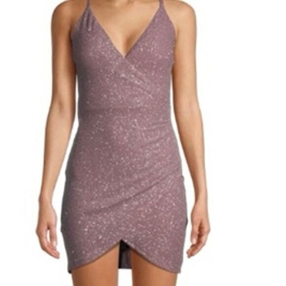Speechless Glitter Wrap Mini Dress Purple Sparkle Sleeveless Party Dress Jr 5 - Picture 1 of 6